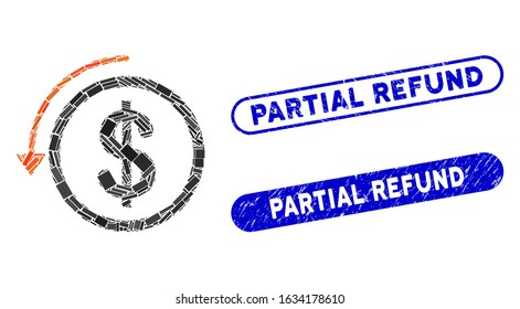 Collage refund and distressed stamp seals with Partial Refund phrase. Mosaic vector refund is created with random rectangle items. Partial Refund stamp seals use blue color,