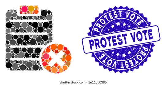 Collage reject form icon and rubber stamp watermark with Protest Vote caption. Mosaic vector is formed with reject form icon and with random circle elements. Protest Vote stamp uses blue color,