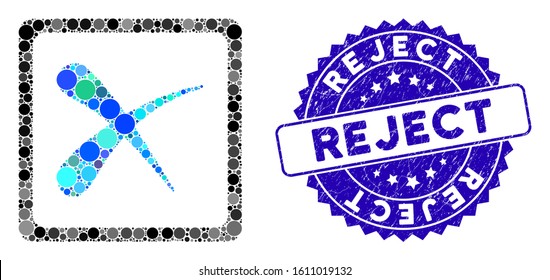 Collage reject icon and corroded stamp seal with Reject text. Mosaic vector is formed with reject icon and with scattered round elements. Reject stamp seal uses blue color, and grunged surface.
