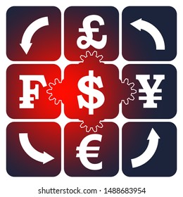 Collage relative to trading. Illustration with different currency symbols.