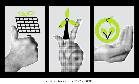 Collage with renewable green and eco-friendly energy sources. ESG concept vector posters