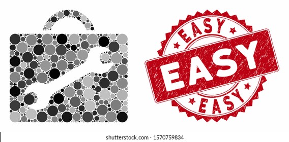 Collage repair tools and distressed stamp seal with Easy caption. Mosaic vector is formed with repair tools icon and with scattered round spots. Easy stamp seal uses red color, and distress design.