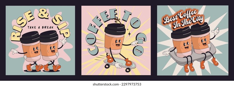 Collage of Retro posters style coffee drink cartoon characters, funny colorful doodle style characters coffee to go. Groovy funky vector illustration.