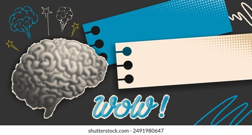 Collage in retro style, advertising banner with halftone. Brain, cut from a newspaper or magazine, explodes announcing crazy promotions or news. Place for text on background. Vector illustration