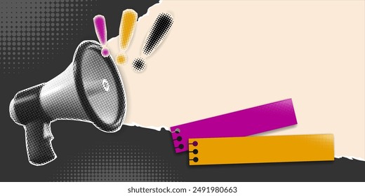 Collage in retro style, advertising banner with halftone effect. Loudspeaker, cut from a newspaper or magazine, announcing crazy promotions or news. Place for text on background. Vector illustration