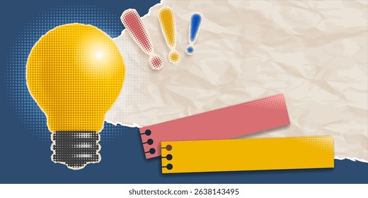 Collage in retro style, advertising banner background with halftone effect. Light bulb, cut from a newspaper or magazine, announcing training info, promotions, offers, new idea. Vector illustration