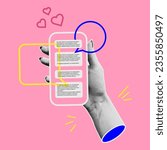 Collage in retro style. Hold the phone in hand, chat correspondence. Trendy halftone collage in vintage style. Vector illustration.