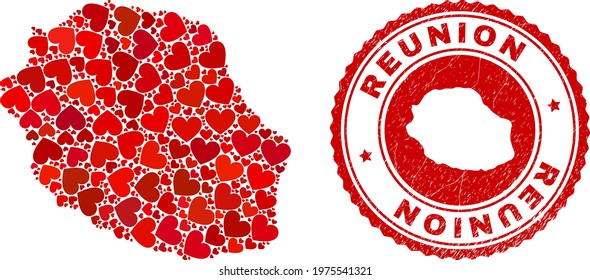 Collage Reunion Island map created with red love hearts, and grunge stamp. Vector lovely round red rubber seal stamp imprint with Reunion Island map inside.