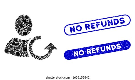 Collage revert user and grunge stamp watermarks with No Refunds phrase. Mosaic vector revert user is composed with randomized rectangle items. No Refunds stamp seals use blue color,