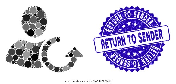 Collage revert user icon and rubber stamp seal with Return to Sender phrase. Mosaic vector is designed with revert user icon and with randomized circle items. Return to Sender seal uses blue color,