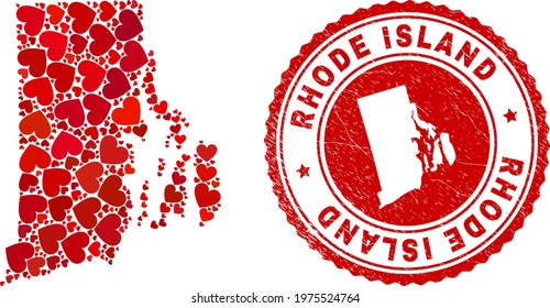 Collage Rhode Island State map designed with red love hearts, and corroded seal stamp. Vector lovely round red rubber seal stamp imprint with Rhode Island State map inside.
