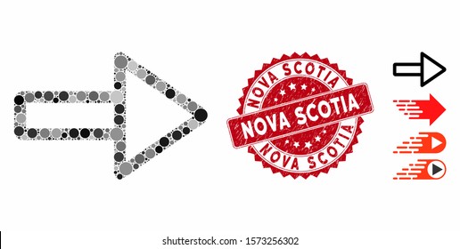 Collage right icon and distressed stamp seal with Nova Scotia text. Mosaic vector is designed with right icon and with randomized round spots. Nova Scotia stamp seal uses red color,
