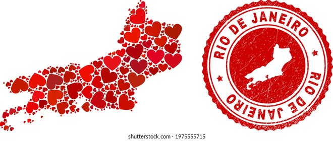 Collage Rio de Janeiro State map formed with red love hearts, and dirty seal stamp. Vector lovely round red rubber seal stamp imprint with Rio de Janeiro State map inside.