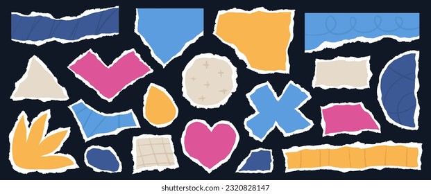 Collage with rip paper elements set  in different shapes, colours and textures hand drawn vector illustration.