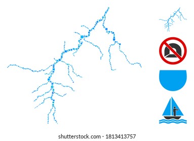 Collage River icon composed of square items in different sizes and color hues. Vector square items are composed into abstract illustration river icon. Bonus pictograms are added.