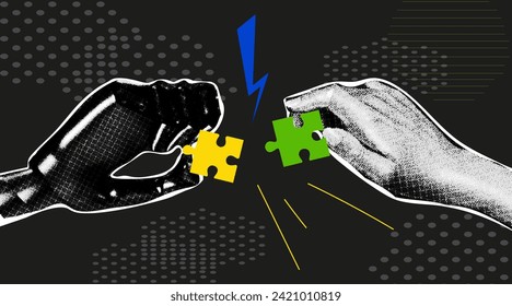 Collage with a robot, a human hand and a puzzle. Halftone effect. Help of artificial intelligence, robotic automation. Collaboration and solutions with AI, future innovation.