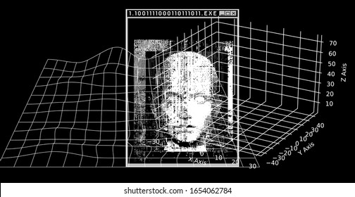 Collage with robotic human head and 3d coordinate grid. Conteptual background for Artificial intelligence and Virtual reality.