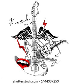 Collage in a Rock Culture style. Guitar, Red lips, lightning, pin, wings, hand with microphone. Poster, t-shirt composition, hand drawn style print. Vector illustration.