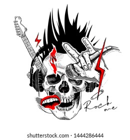 Collage in a Rock Culture style. Human skull in headphones with a red rose bud, lips, lightning, pin, guitar, hand with microphone. Vector illustration.