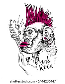 Collage in a Rock Culture style. Monkey with a Mohawk hair style, red lips, lightning, earring, pin, guitar. Poster, t-shirt composition, hand drawn style print. Vector illustration.