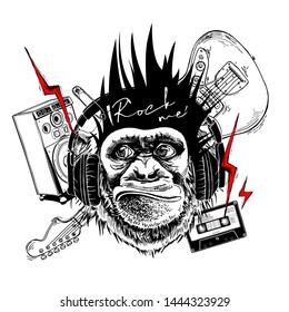 Collage in a Rock Culture style. Monkey with a Mohawk hair style, headphones, lightning, pin, guitar, musical speaker, Audio cassette. T-shirt composition, hand drawn style print. Vector illustration.