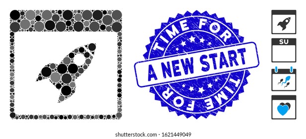Collage rocket calendar page icon and rubber stamp seal with Time for a New Start text. Mosaic vector is formed with rocket calendar page icon and with randomized circle spots.