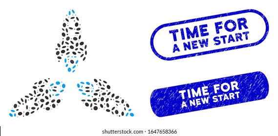 Collage rockets out and corroded stamp seals with Time for a New Start caption. Mosaic vector rockets out is composed with scattered elliptic spots. Time for a New Start stamp seals use blue color,