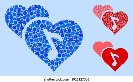 Collage Romance Icon aus sphärischen Elementen in zufälligen Größen, Positionen und Proportionen. Vektorblaue Kreissymbole werden zu abstrakten Mosaikromanen zusammengesetzt. hellblauer Hintergrund.