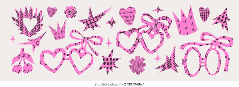 Collage romantische Ausschnitt Kritzeleien. Herzen paar Medaillen. Kreide Textur Feuer Herz Collage Papier ausgeschnitten Krone, Sterne gesetzt. Scrapbook Liebe Zeichen mädchenhafte Form. Vektorgrafik Bachelorette nr. bg.