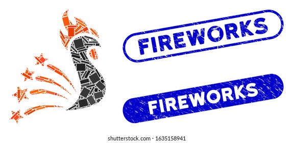 Collage rooster fireworks and distressed stamp seals with Fireworks phrase. Mosaic vector rooster fireworks is composed with scattered rectangle items. Fireworks stamp seals use blue color,
