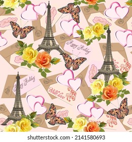 Collage con rosas y torre de eiffel.Patrón vectorial colorido sin fisuras con torre de eiffel, rosas y mariposas.