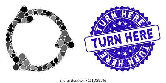 Collage rotate icon and rubber stamp seal with Turn Here caption. Mosaic vector is created with rotate icon and with scattered circle items. Turn Here stamp seal uses blue color, and grunge surface.