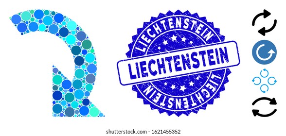 Collage rotate right icon and rubber stamp watermark with Liechtenstein text. Mosaic vector is composed with rotate right icon and with scattered round items. Liechtenstein stamp seal uses blue color,
