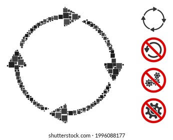 Collage Rotation icon composed of square elements in different sizes and color hues. Vector square elements are arranged into abstract composition rotation icon. Bonus icons are added.