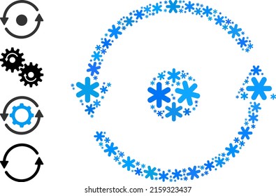 Icono de rotación de colonias se hace para invierno, Año Nuevo, Navidad. El mosaico de iconos de rotación se realiza con copos de nieve azul claro. Se añaden algunos iconos adicionales.