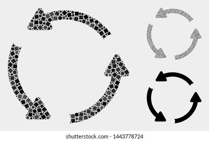 Collage Rotation motion icon composed of circle and square elements in variable sizes, positions and proportions. Vector circle and square dots are composed into abstract shape rotation motion icons.