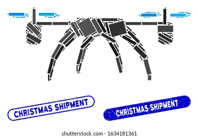 Collage rotorcraft and distressed stamp seals with Christmas Shipment caption. Mosaic vector rotorcraft is designed with scattered rectangle items. Christmas Shipment stamp seals use blue color,