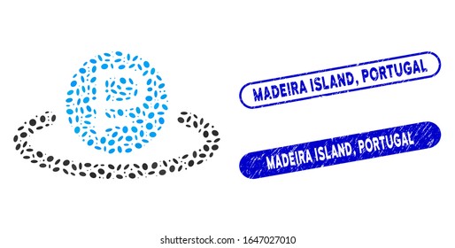 Collage rouble deposit and grunge stamp seals with Madeira Island, Portugal text. Mosaic vector rouble deposit is composed with random ellipse dots. Madeira Island,