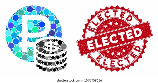 Collage rouble and dollar coins and rubber stamp seal with Elected phrase. Mosaic vector is composed with rouble and dollar coins icon and with randomized circle elements.