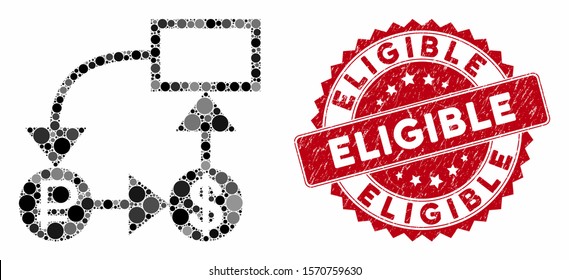 Collage rouble and dollar scheme and grunge stamp seal with Eligible text. Mosaic vector is composed with rouble and dollar scheme icon and with scattered circle items.
