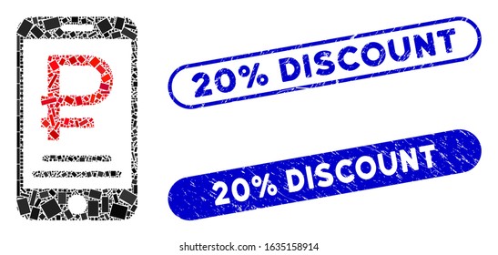 Collage rouble mobile payment and grunge stamp seals with 20% Discount caption. Mosaic vector rouble mobile payment is created with scattered rectangle items. 20% Discount stamp seals use blue color,