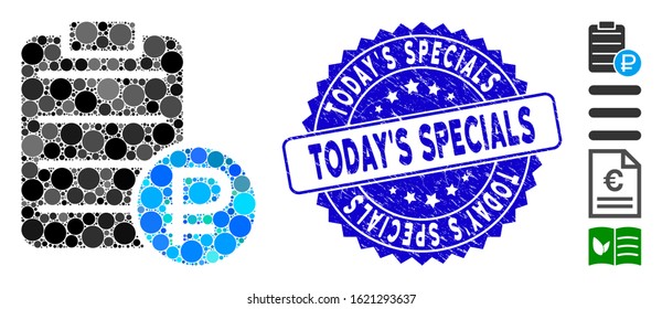 Collage rouble price list icon and grunge stamp seal with Today'S Specials caption. Mosaic vector is created with rouble price list pictogram and with random round spots.