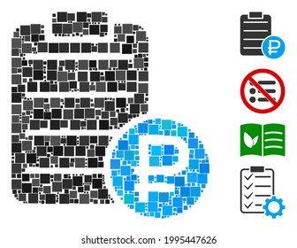 Collage Rouble price list icon united from square elements in different sizes and color hues. Vector square items are united into abstract mosaic rouble price list icon. Bonus icons are placed.