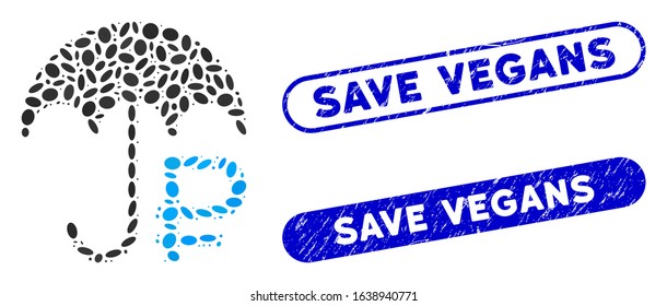 Collage rouble umbrella and distressed stamp seals with Save Vegans phrase. Mosaic vector rouble umbrella is created with random elliptic items. Save Vegans stamp seals use blue color,
