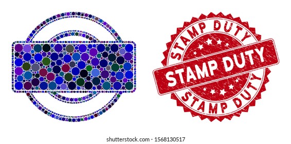 Collage round and rectangle frame and grunge stamp seal with Stamp Duty text. Mosaic vector is composed with round and rectangle frame icon and with scattered round items.