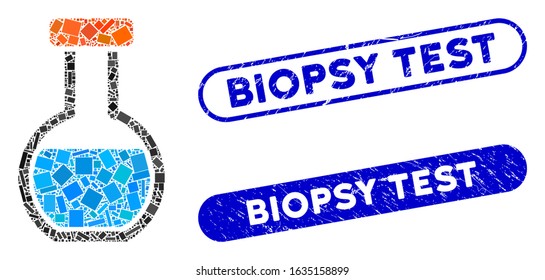 Collage round retort and corroded stamp seals with Biopsy Test caption. Mosaic vector round retort is designed with randomized rectangle items. Biopsy Test stamp seals use blue color,