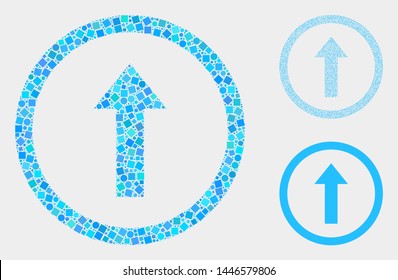 Collage Rounded arrow up icon composed of circle and square items in variable sizes, positions and proportions.