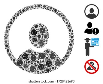 Collage rounded user portrait designed from coronavirus icons in variable sizes and color hues. Vector pathogen icons are combined into abstract collage rounded user portrait icon.