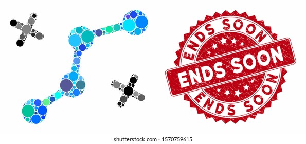 Collage route points and grunge stamp seal with Ends Soon phrase. Mosaic vector is formed with route points icon and with randomized spheric elements. Ends Soon stamp uses red color,