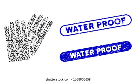 Collage rubber gloves and distressed stamp seals with Water Proof phrase. Mosaic vector rubber gloves is composed with scattered elliptic elements. Water Proof stamp seals use blue color,